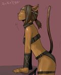  ^_^ animal_ears arm_support armlet artist_request belt bra brown_bra brown_hair cat_ears cat_tail closed_eyes dark_skin final_fantasy final_fantasy_xi from_side headband jewelry leaning_forward mithra neck_ring red_background short_hair simple_background solo tail underwear 