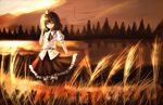  bad_id bad_pixiv_id banned_artist brown_eyes brown_hair field hand_in_hair hat lake landscape looking_at_viewer neck_ribbon paseri ribbon shameimaru_aya skirt smile solo standing sunset thighhighs tokin_hat touhou wind zettai_ryouiki 