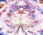  asymmetrical_clothes bad_id bad_pixiv_id blue_bow book bow bow_capelet capelet crescent crescent_hair_ornament dress eyebrows_visible_through_hair flower frilled_capelet frilled_dress frills fringe_trim hagiwara_rin hair_bow hair_ornament hair_ribbon hat long_hair magic mob_cap open_book patchouli_knowledge purple_eyes purple_hair red_bow ribbon solo sunflower touhou 