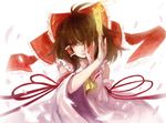  bad_id bad_pixiv_id blood bow brown_hair covering_one_eye detached_sleeves hair_bow hair_tubes hakurei_reimu ofuda petals red_eyes ribbon shell_(shell518) solo touhou wide_sleeves 