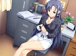  blazer blue_eyes breasts business_suit cleavage crossed_legs desk flower formal game_cg highres indoors jacket jewelry koutaro large_breasts legs locket long_hair long_legs miniskirt office_lady pencil_skirt pendant saotome_nagi sitting skirt skirt_suit smile solo suit thighs tropical_kiss very_long_hair wallpaper wrist_cuffs writing 