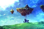  1girl bird blue_hair brother_and_sister chrono_trigger cloak day field floating_island janus_zeal landscape long_hair scenery schala_zeal short_hair siblings sky sunakumo white_hair 