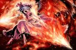  bat_wings blue_hair chiro_(suzuka98) crazy fangs fire glowing glowing_eyes hair_over_one_eye hat high_heels highres polearm red_eyes remilia_scarlet shoes short_hair solo spear_the_gungnir touhou weapon wings 