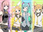  3girls ama_mitsuki aqua_eyes aqua_hair bad_id bad_pixiv_id blonde_hair blue_eyes detached_sleeves hair_ornament hair_ribbon hairclip hatsune_miku headphones kagamine_len kagamine_rin long_hair megurine_luka midriff multiple_girls navel necktie one_eye_closed pink_hair ribbon short_hair skirt smile twintails vocaloid 