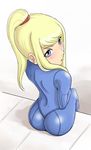  artist_request ass back blonde_hair blue_eyes blush bodysuit dimples_of_venus looking_back metroid samus_aran shiny shiny_clothes sitting skin_tight solo zero_suit 