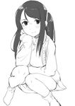  aran_sweater blush chin_rest greyscale juz knees knees_together_feet_apart krt_girls light_smile long_hair looking_at_viewer monochrome one_side_up ribbed_sweater simple_background single_sidelock sitting skirt socks solo sweater white_background xiao_qiong 