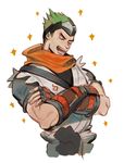  crossed_arms forehead_protector genji_(overwatch) green_hair japanese_clothes male_focus muyihui overwatch solo young_genji 