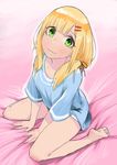  bad_id bad_pixiv_id barefoot between_legs between_thighs blonde_hair blue_shirt blush emilia_(krt_girls) from_above green_eyes hair_ornament hair_over_shoulder hairclip hand_between_legs juz krt_girls looking_at_viewer on_bed shirt sitting solo sweat wariza 