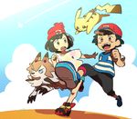  1girl beanie black_hair blue_eyes blue_sky brown_eyes capri_pants cloud day gen_1_pokemon gen_7_pokemon hat lycanroc mizuki_(pokemon) pants pikachu pokemon pokemon_(anime) pokemon_(creature) pokemon_(game) pokemon_sm pokemon_sm_(anime) running satoshi_(pokemon) shirt shoes short_hair shorts sky smile sneakers striped striped_shirt t-shirt tied_shirt ukata 