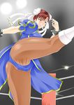 1girl ass blush boots boxing_ring breasts brown_eyes brown_hair china_dress chinese_clothes chun-li double_bun earrings fighting_stance highres kamo_(nobuhide19790717) large_breasts leg_up legs looking_away pantyhose parted_lips solo spiked_bracelet spikes street_fighter thighs vibrator vibrator_under_clothes 