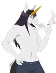  anthro cigarette clothed clothing equine hair horn long_hair looking_at_viewer male mammal myloveless navel solo unicorn 