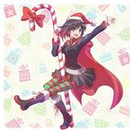  boots candy candy_cane cape christmas christmas_tree colored_stripes commentary food full_body hat iesupa pantyhose pole_dancing ruby_rose rwby santa_hat solo striped striped_legwear 