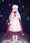  albino boots coat_dress dress fate/zero fate_(series) flower full_body gloves hat holding irisviel_von_einzbern kitano_(kitanosnowwhite) long_hair looking_at_viewer pantyhose red_eyes red_flower red_gloves red_legwear red_rose red_scarf rose scarf snowing solo standing white_dress white_hair white_hat 