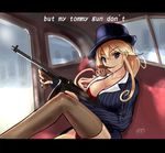  blonde_hair blue_eyes bra breasts brown_legwear car car_interior cigar cleavage commentary english formal ground_vehicle gun haruto_(harut_n) hat iowa_(kantai_collection) jesus_revenge kantai_collection large_breasts logo long_hair looking_at_viewer mafia motor_vehicle mouth_hold panties pencil_skirt red_bra red_panties sitting skirt skirt_suit solo striped_suit stupid_movie_sequels submachine_gun suit thighhighs thompson_submachine_gun underwear weapon 