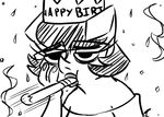  2016 anthro black_and_white clothed clothing confetti disney english_text eyewear fan_character glasses half-closed_eyes hat inkyfrog lipstick makeup mammal monochrome paper_hat party_horn pig porcine simple_background skyline solo streamers text white_background window zootopia 