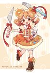  :d ahoge apron bloomers boots bottle brown_eyes brown_footwear brown_hair food food_themed_clothes food_themed_hair_ornament fork full_body gloves hair_ornament highres knife looking_at_viewer mokarooru morinaga_(brand) open_mouth original pancake personification short_hair smile solo standing standing_on_one_leg underwear 