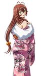  brown_hair glasses green_eyes hair_between_eyes hair_bobbles hair_ornament ikkitousen japanese_clothes kimono long_hair looking_at_viewer off_shoulder open_mouth pink_kimono ryuubi_gentoku simple_background solo white_background yukata 