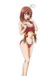  antenna_hair bikini breasts brown_hair cake cleavage collarbone food glasses green_eyes hair_bobbles hair_ornament holding ikkitousen large_breasts long_hair navel open_mouth red_bikini ryuubi_gentoku simple_background solo swimsuit white_background 