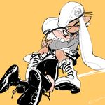  1girl army-kun_(splatoon) bike_shorts blush boots cross-laced_footwear dark_skin domino_mask facepaint fangs forge-chan_(splatoon) hug inkling jacket lace-up_boots looking_down mask orange_background partially_colored pointy_ears serizawa_nae short_hair simple_background sitting splatoon_(manga) splatoon_(series) splatoon_1 straight-laced_footwear tentacle_hair twitter_username 