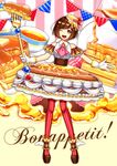 ;d anklet ascot bow bowtie brown_eyes brown_footwear brown_hair butter cup food food_themed_clothes food_themed_hair_ornament fork french full_body gloves hair_ornament holding holding_fork jewelry kiritani846 looking_at_viewer morinaga_(brand) one_eye_closed open_mouth original pancake pantyhose personification pink_neckwear plaid_neckwear red_legwear shoes short_hair smile solo stack_of_pancakes striped striped_legwear syrup tea teacup vertical-striped_legwear vertical_stripes white_gloves winged_shoes wings 
