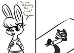 2016 anthro black_and_white buckteeth clothed clothing cute_fangs dialogue disney duo english_text fan_character female hand_behind_head headband inkyfrog lagomorph lying male mammal maxine_d&#039;lapin monochrome mustelid on_back percy_vison polecat rabbit simple_background teeth text white_background wristband zootopia 