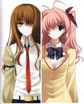  :i ahoge armband beige_jacket beige_shirt belt bow bowtie brown_hair chaos;head checkered checkered_neckwear company_connection expressionless eyebrows eyebrows_visible_through_hair hair_bow hair_intakes hair_over_breasts highres jacket long_hair looking_at_viewer makise_kurisu multiple_girls necktie non-web_source official_art one_eye_covered open_clothes open_jacket parted_lips phantom_breaker pink_eyes pink_hair purple_bow purple_eyes purple_neckwear red_bow red_neckwear sakihata_rimi scan scan_artifacts school_uniform shirt sidelocks star star_print steins;gate suzuhira_hiro upper_body white_background white_shirt 