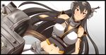  bare_shoulders black_border black_gloves black_hair border breasts cannon cleavage dutch_angle elbow_gloves eyebrows eyebrows_visible_through_hair fingerless_gloves gloves gradient gradient_background groin gudon_(iukhzl) hair_between_eyes headgear highres kantai_collection large_breasts long_hair looking_at_viewer machinery nagato_(kantai_collection) navel pleated_skirt red_eyes skirt smile solo turret white_background white_skirt 