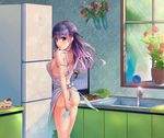  absurdres apron ass breasts cake chinese_commentary commentary_request covering covering_ass earrings fate/stay_night fate_(series) flower food fruit green_nails hair_ornament hair_ribbon highres indoors jewelry kitchen large_breasts looking_at_viewer looking_back matou_sakura nail_polish naked_apron partial_commentary plate purple_eyes purple_hair refrigerator ribbon short_hair sideboob sink solo syan_(tiaowudegutou) table vase water window 
