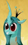  2016 brown_eyes changeling crown deusexequus female feral friendship_is_magic green_hair grin hair horn my_little_pony portrait queen_chrysalis_(mlp) simple_background solo yellow_background 