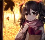  autumn autumn_leaves bag black_hair blush commentary_request earrings eyebrows_visible_through_hair food hair_between_eyes hair_ornament hair_ribbon hairclip jewelry lipstick long_hair long_sleeves looking_at_viewer love_live! love_live!_school_idol_project makeup outdoors paper_bag red_eyes ribbon scarf solo sweet_potato twintails upper_body vsi0v wavy_hair yazawa_nico 