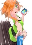  alternate_costume ann_(krt_girls) arched_back bad_id bad_pixiv_id bench blush can cellphone foreshortening gen_1_pokemon green_eyes hair_ornament hairclip holding holding_cellphone holding_phone hot juz krt_girls looking_at_viewer nut_hair_ornament one_eye_closed orange_hair phone pokemon pokemon_(creature) pokemon_go pov psyduck short_hair_with_long_locks simple_background sitting skirt smartphone soda_can solo sweat swimsuit swimsuit_under_clothes tank_top white_background 