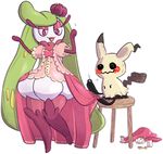  blush clothed_pokemon crown eritia eyelashes eyeshadow full_body gen_7_pokemon green_hair half-closed_eyes heart heart-shaped_pupils holding holding_needle long_hair makeup mimikyu mini_crown needle no_humans open_mouth outline pokemon pokemon_(creature) purple_eyes purple_legwear sewing_needle smile stool symbol-shaped_pupils thighhighs togedemaru transparent_background tri_tails tsareena very_long_hair 