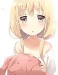  :o bangs bare_shoulders blonde_hair blush collarbone eyebrows eyebrows_visible_through_hair futaba_anzu grey_eyes hair_over_shoulder holding holding_stuffed_animal idolmaster idolmaster_cinderella_girls long_hair looking_at_viewer low_twintails off_shoulder parted_lips simple_background solo stuffed_animal stuffed_bunny stuffed_toy tlla twintails white_background 
