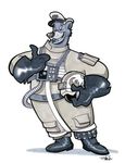  2_fingers ambiguous_gender armor baloo bear blue_fur clothing disney footwear fur glves hat helmet james_silvani jungle_book mammal restricted_palette shoes simple_background solo spacesuit star_wars talespin thumbs_up white_background 
