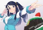  armband bad_id bad_pixiv_id bite_mark blue_eyes blue_hair blurry cake commentary_request crumbs depth_of_field employee_uniform food foreshortening fruit gradient gradient_background grey_background happy_birthday juz krt_girls lips long_hair looking_at_viewer mackintosh_rose one_side_up outstretched_arm simple_background single_sidelock smile solo strawberry taut_clothes uniform xiao_qiong 