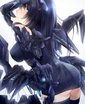  arm_up ass bangs black_dress black_hair black_legwear blue_eyes breasts commentary covered_nipples dress large_breasts long_hair looking_at_viewer looking_back mecha_musume mechanical_wings original parted_lips simple_background skin_tight solo thighhighs thighs tlla white_background wings 