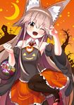  ;d animal_ears basket brown_hair candy check_commentary commentary_request crescent_moon cross detached_sleeves fang food fox_ears fox_girl fox_shadow_puppet frilled_skirt frills halloween halloween_basket halloween_costume long_hair moon noa_(nagareboshi) one_eye_closed open_mouth orange_eyes original skirt smile solo star 