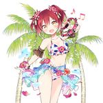  aoba_mahiru beamed_eighth_notes bikini blur bracelet cowboy_shot floral_print flower hair_flower hair_ornament halter_top halterneck hibiscus holding holding_instrument instrument jewelry looking_at_viewer musical_note navel official_art open_mouth palm_tree print_bikini red_hair round_teeth sama sarong short_hair sixteenth_note solo swimsuit tambourine teeth transparent_background tree two_side_up uchi_no_hime-sama_ga_ichiban_kawaii yellow_eyes 