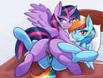  2016 ambris anus bed blue_feathers butt clitoral clitoris dock duo equine eyelashes feathered_wings feathers female female/female feral friendship_is_magic hair hooves horn looking_at_viewer looking_back lying mammal multicolored_hair multicolored_tail my_little_pony on_back on_bed pegasus pillow pink_eyes purple_eyes purple_feathers pussy rainbow_dash_(mlp) rainbow_hair rainbow_tail sex smile tribadism twilight_sparkle_(mlp) winged_unicorn wings 