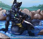  abs anthro canine clothing cybercat dagger fur hair jewelry loincloth looking_at_viewer male mammal melee_weapon necklace sitting smile solo teeth weapon 