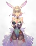  animal_ears bare_shoulders blonde_hair blue_leotard blush breast_hold breasts bunny_ears bunny_girl bunnysuit character_request cleavage covered_navel detached_collar detached_sleeves gloves highres large_breasts leotard looking_at_viewer nadare-san_(nadare3nwm) open_mouth pantyhose short_hair signature simple_background solo tears thighhighs white_background white_gloves yellow_eyes 