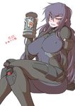  beatrix_bremer beer_mug black_hair blush bodysuit breasts cleavage commentary_request covered_navel covered_nipples crossed_legs cup dated eyelashes holding holding_cup large_breasts lips long_hair looking_at_viewer mikoyan muvluv parted_lips pilot_suit red_eyes schwarzesmarken simple_background sitting skin_tight smile solo teeth very_long_hair white_background 