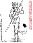  anthro clothed clothing cybercat eye_patch eyewear feline female looking_at_viewer mammal monochrome smile solo staff standing wide_hips 