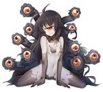  antenna_hair bare_shoulders black_hair breasts cyclops extra_eyes full_body gazer_(monster_girl_encyclopedia) grey_skin grin head_tilt long_hair looking_at_viewer monster_girl monster_girl_encyclopedia navel non-web_source one-eyed red_eyes sharp_teeth simple_background sitting slit_pupils small_breasts smile solo spread_legs tail teeth tentacles tilt-shift white_background white_skin yellow_sclera 