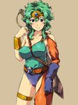  belt between_breasts blue_eyes blue_gloves blue_leotard breasts brown_background circlet cleavage curly_hair dragon_quest dragon_quest_iv earrings gloves green_hair heroine_(dq4) jewelry juvecross large_breasts leotard looking_at_viewer simple_background single_glove smile solo strap_cleavage sword weapon 