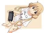  1girl barefoot blonde_hair brown_eyes child dutch_angle eyebrows eyebrows_visible_through_hair feet female futaba_anzu handheld_game_console holding idolmaster idolmaster_cinderella_girls long_twintails looking_at_viewer naruse_mai playstation_vita short_sleeves solo sony standing twintails 