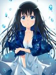  bangs black_hair blue_eyes blush breasts bubble cleavage collarbone commentary dress eyebrows eyebrows_visible_through_hair hair_between_eyes holding_clothes long_hair looking_up medium_breasts natsume3304 original parted_lips shawl shiny shiny_hair solo space_print starry_sky_print tears underwater white_background white_dress 