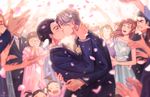  ameli-ya bad_id bad_pixiv_id black_hair blonde_hair blue_dress blush boutonniere cherry_blossoms child closed_eyes dress formal glasses groom hands_up highres hug husband_and_husband katsuki_hiroko katsuki_toshiya katsuki_yuuri kiss male_focus multiple_boys nishigoori_axel nishigoori_loop nishigoori_takeshi nishigoori_yuuko petals ponytail smile suit viktor_nikiforov wedding yaoi yuri!!!_on_ice 