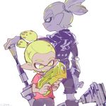  age_comparison black_footwear black_jacket black_shorts boots domino_mask dynamo_roller_(splatoon) fangs from_behind green_eyes green_hair green_tongue holding holding_weapon inkling jacket leather leather_jacket long_sleeves male_focus mask open_mouth pointy_ears red_shirt rider-kun_(splatoon) scrunchie serizawa_nae shirt short_sleeves shorts smile smirk splatoon_(manga) splatoon_(series) splatoon_1 splattershot_jr_(splatoon) standing t-shirt tentacle_hair topknot weapon white_background younger 