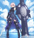  ahoge armor armored_dress bare_shoulders black_armor black_dress black_legwear breasts closed_mouth cloud cloudy_sky commentary day dress elbow_gloves eyes_visible_through_hair fate/grand_order fate_(series) full_body gloves greaves hair_over_one_eye highres holding holding_sword holding_weapon lavender_hair looking_at_viewer mash_kyrielight medium_breasts purple_eyes shield short_hair shunichi sky solo standing standing_on_liquid sword weapon 